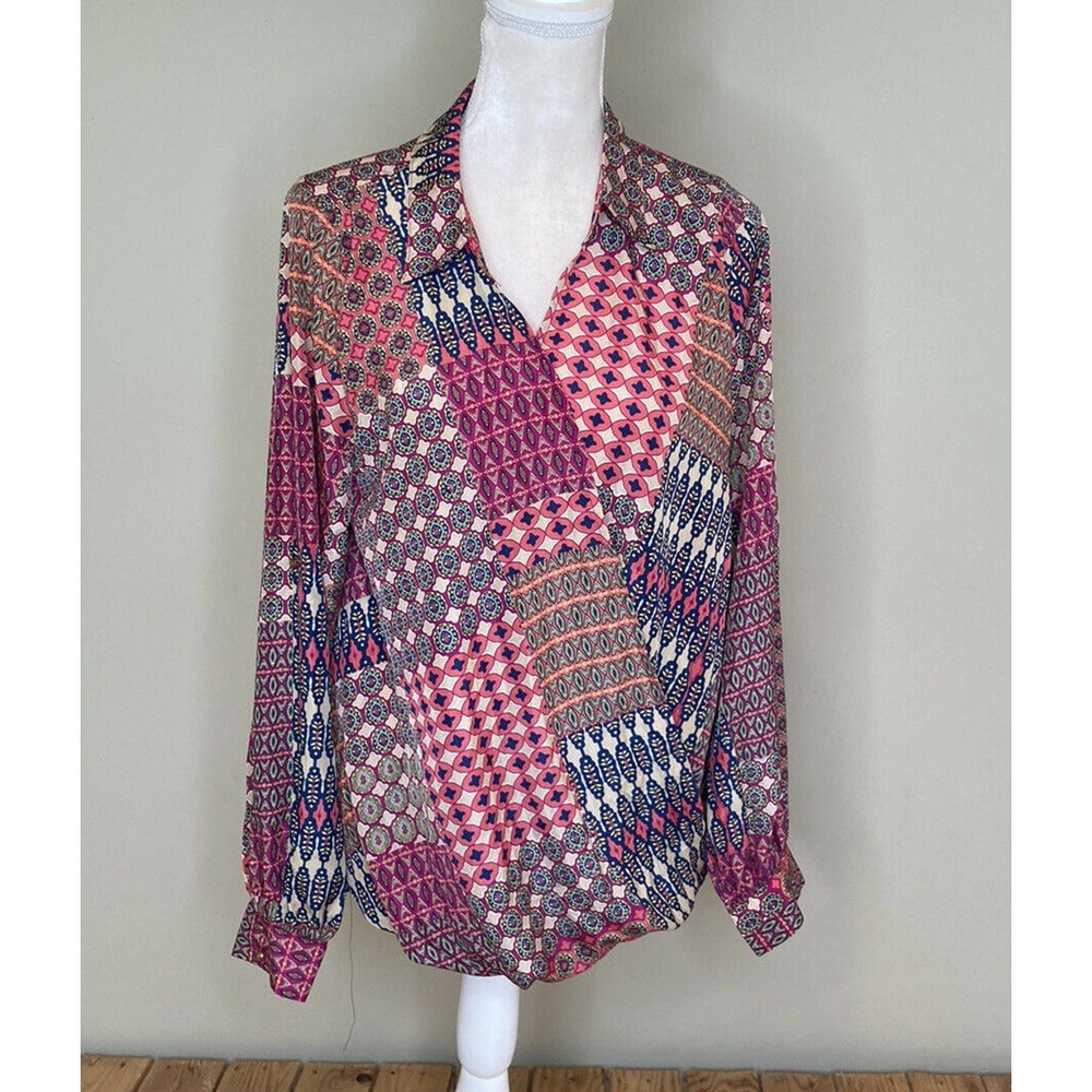 NWT DEPRI Patterned Long Sleeve Cross Front Blouse